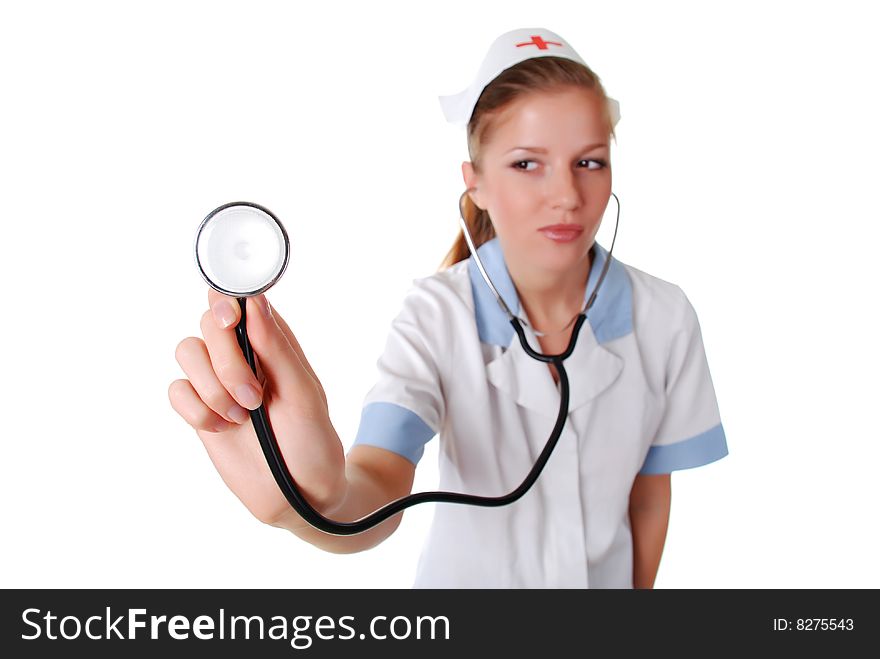 Beautiful nurse with stethoscope on white background