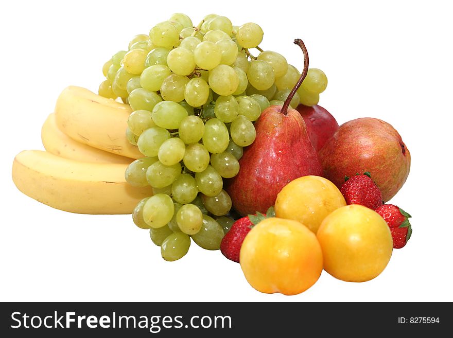 White grape, banana, pears and  plums over white. White grape, banana, pears and  plums over white