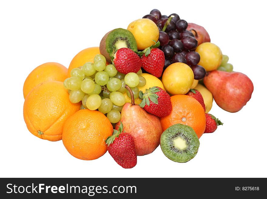 Red, orange and green fruits over white background. Red, orange and green fruits over white background