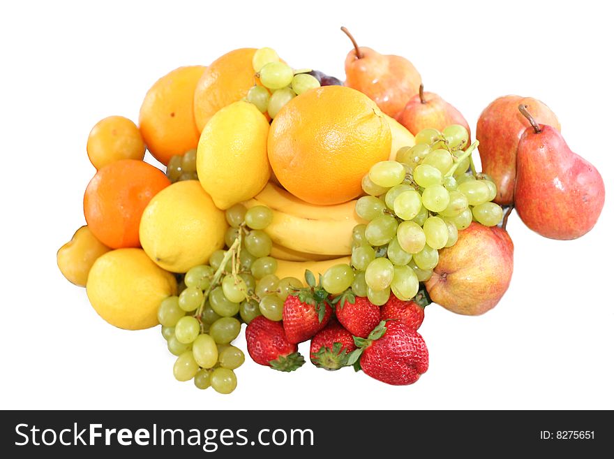 White grape, banana, orange, strawberry, pears and  plums over white background. White grape, banana, orange, strawberry, pears and  plums over white background