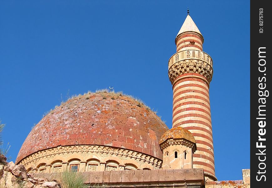 Colourful minaret at Isak Pasha Sariyer in Eastern Turkey