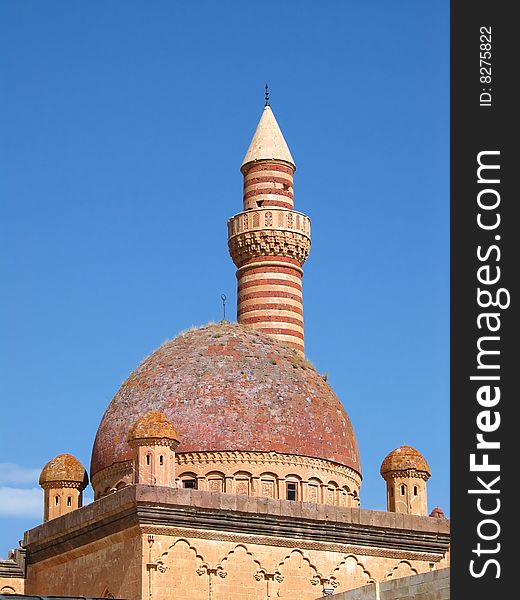Colourful minaret at Isak Pasha Sariyer in Eastern Turkey