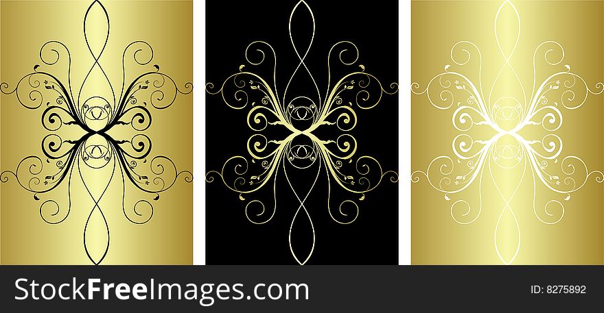 3 gold floral pattern (vector). 3 gold floral pattern (vector).