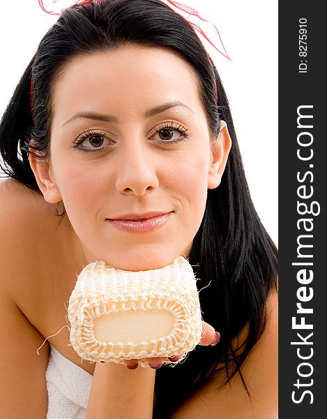 Front view of young woman with scrubber on white background. Front view of young woman with scrubber on white background