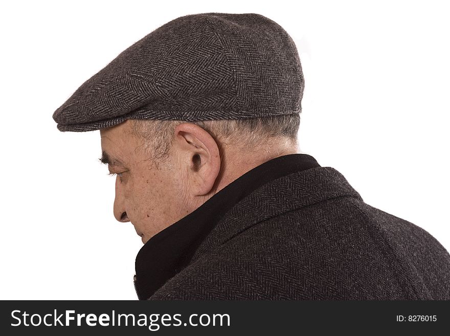 Senior man looking down isolated on white background