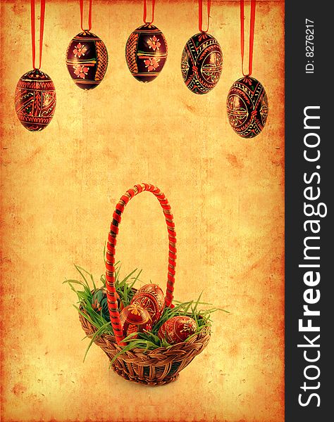 Grunge wallpaper with Easter basket and eggs