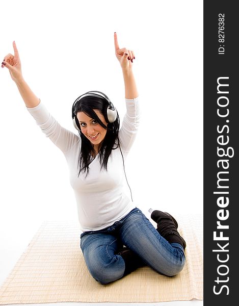 Front view of dancing young woman on an isolated white background. Front view of dancing young woman on an isolated white background