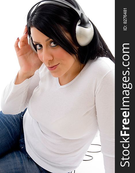 Model with headphone on white background