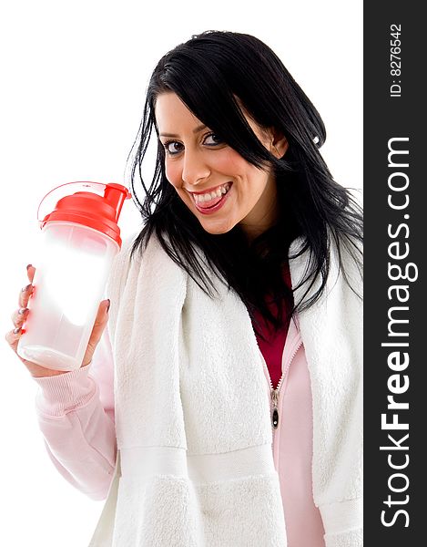 Front view of happy female with bottle on an isolated background