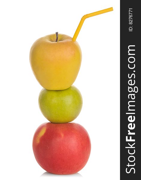 Red green and yellow apple with straw isolated on white background