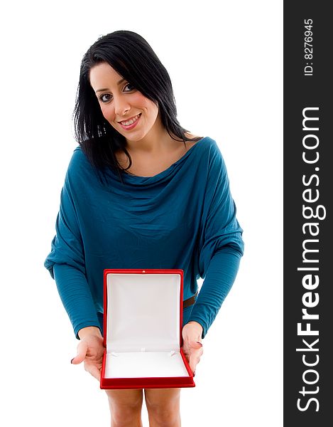 Front view of woman showing jewelery box on an isolated background. Front view of woman showing jewelery box on an isolated background