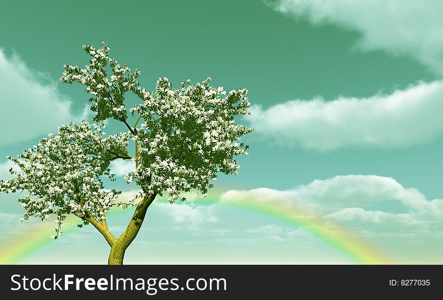 Beautiful blossoming tree and rainbow