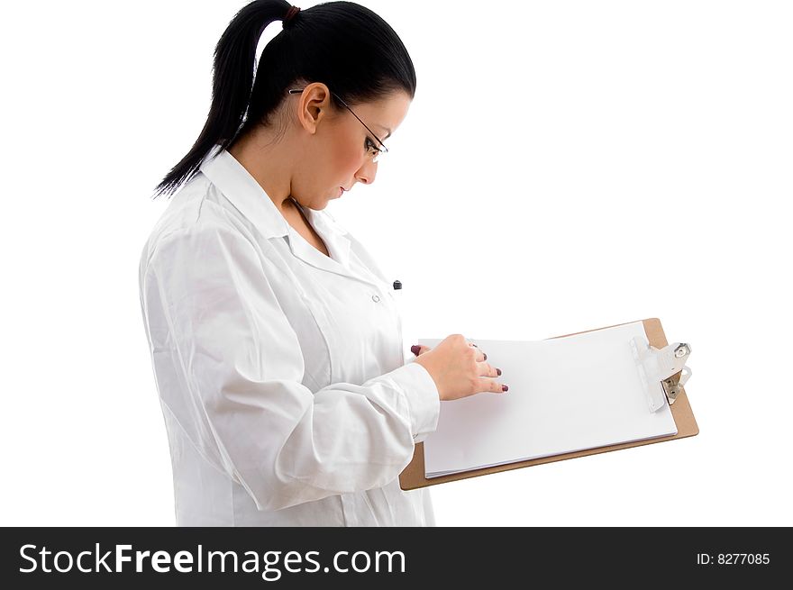 Side pose of doctor giving prescription and pen on an isolated white background