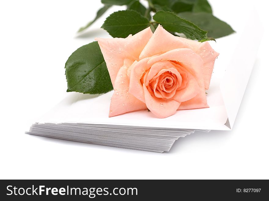 Rose and envelopes on a white background