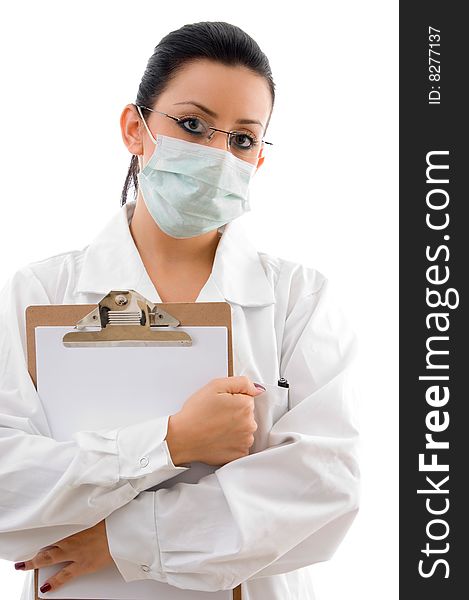 Doctor holding writing pad on white background