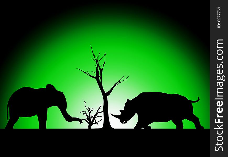 Elephant And Rhino Silhouette