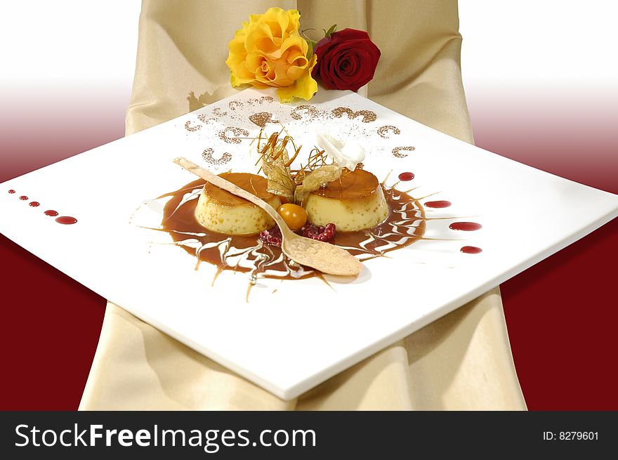 Luxurious caramel dessert for the romantic meetings