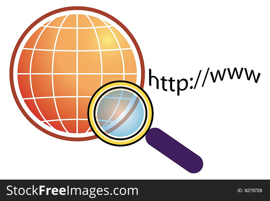 Illustration of magnifying glass with isolated globe. Illustration of magnifying glass with isolated globe