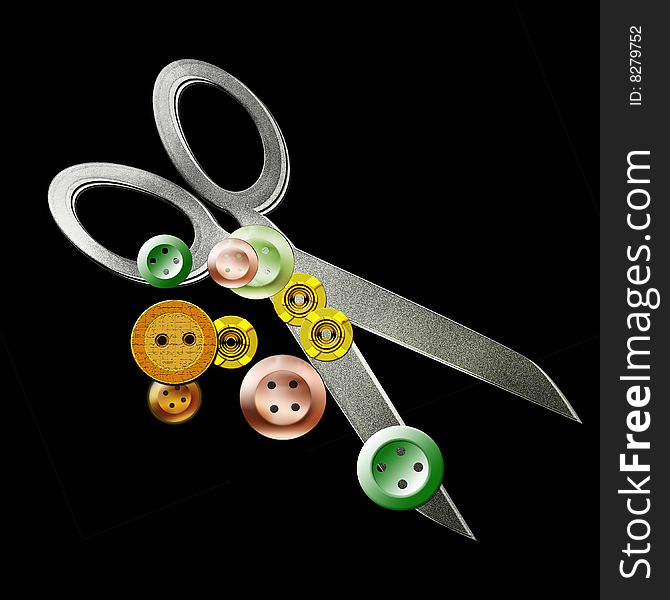 Drawing of scissors and buttons on a black background. Drawing of scissors and buttons on a black background