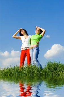 Two Young Women Dreams To Fly On Winds Stock Photos Two Young Women Dreams To Fly On Winds Stock Photos