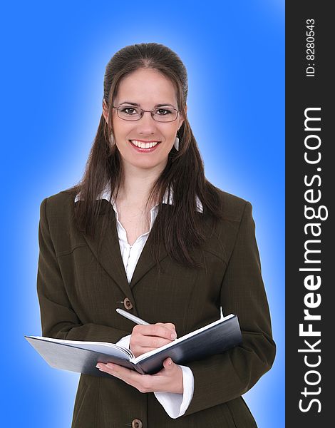 Woman holding a notebook isolated on blue