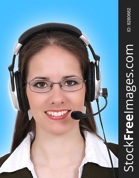 Woman with headphone isolated on blue