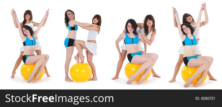 Girls practicing fitness on white background