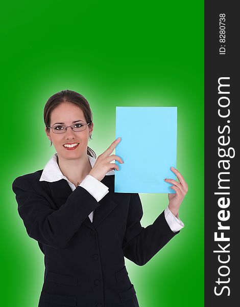 Woman with blue paper for text isolated on green