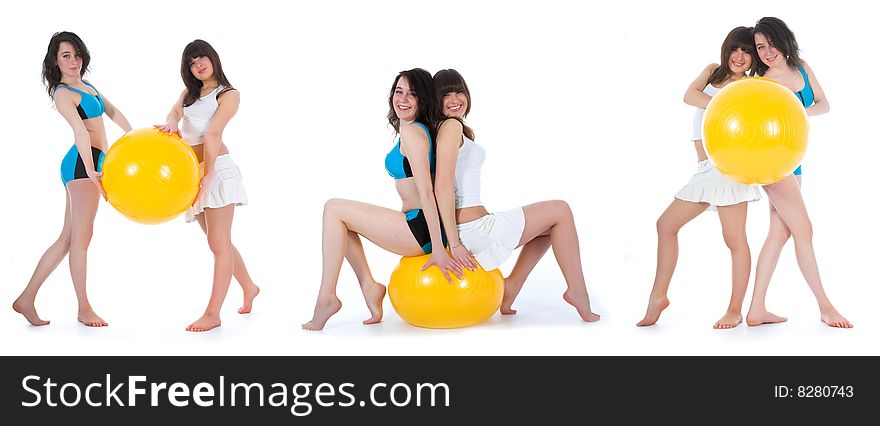 Girls practicing fitness  on  white  background