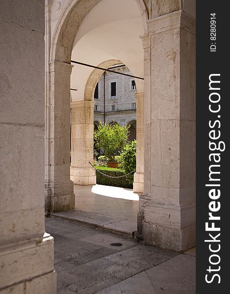 Interior courtyard in the monastery of Monte Cassino. The Monastery was completely rebuilt after WW2 following its total destruction. Interior courtyard in the monastery of Monte Cassino. The Monastery was completely rebuilt after WW2 following its total destruction