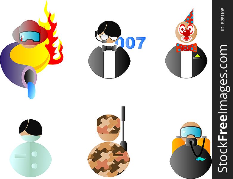 A set of vector characters of different professions:fireman, clown, guards, soldiers, divers, medical. A set of vector characters of different professions:fireman, clown, guards, soldiers, divers, medical