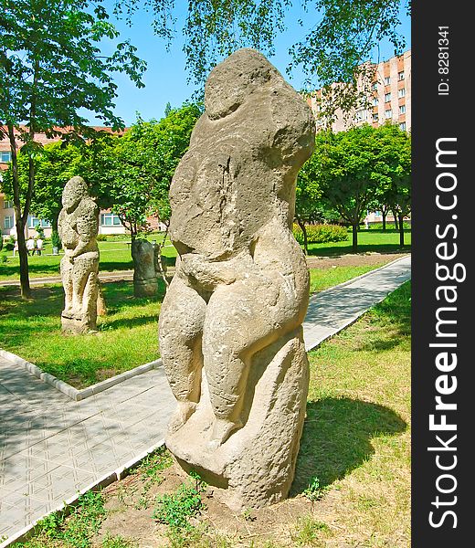 Stone idols of the ancient Slavs and Scythians (IX-XIII centuries). Stone sculpture park, Polovtsian steppe, Ukraine. Stone idols of the ancient Slavs and Scythians (IX-XIII centuries). Stone sculpture park, Polovtsian steppe, Ukraine.