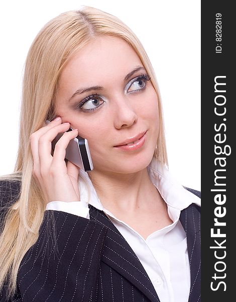 Young business woman calling on a white background