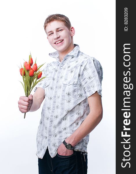 Smiling man with tulips, isolated on white background