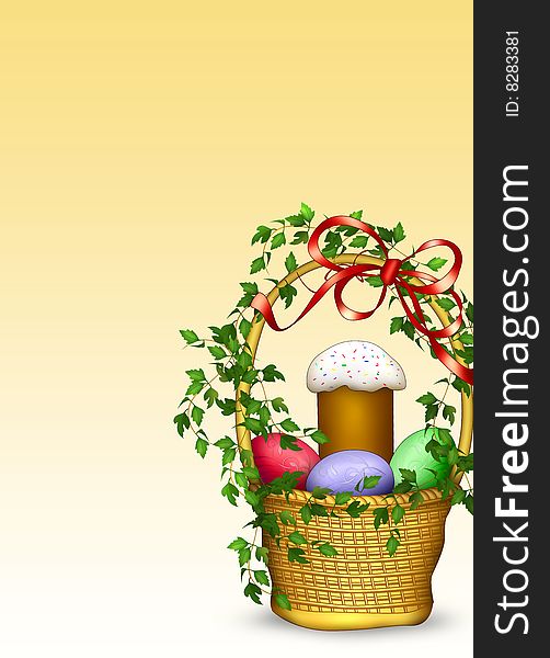 Basket with multi-coloured eggs and easter. Basket with multi-coloured eggs and easter