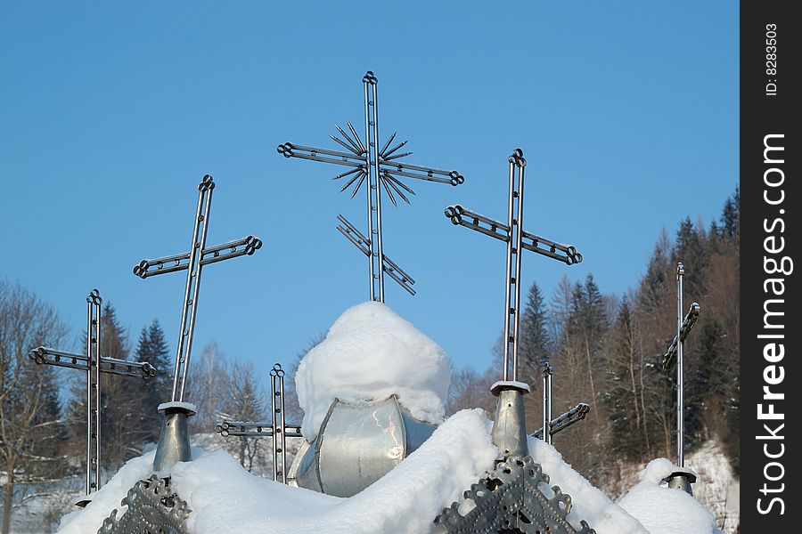 Orthodox ukrainian crosses and the blue sky. Orthodox ukrainian crosses and the blue sky
