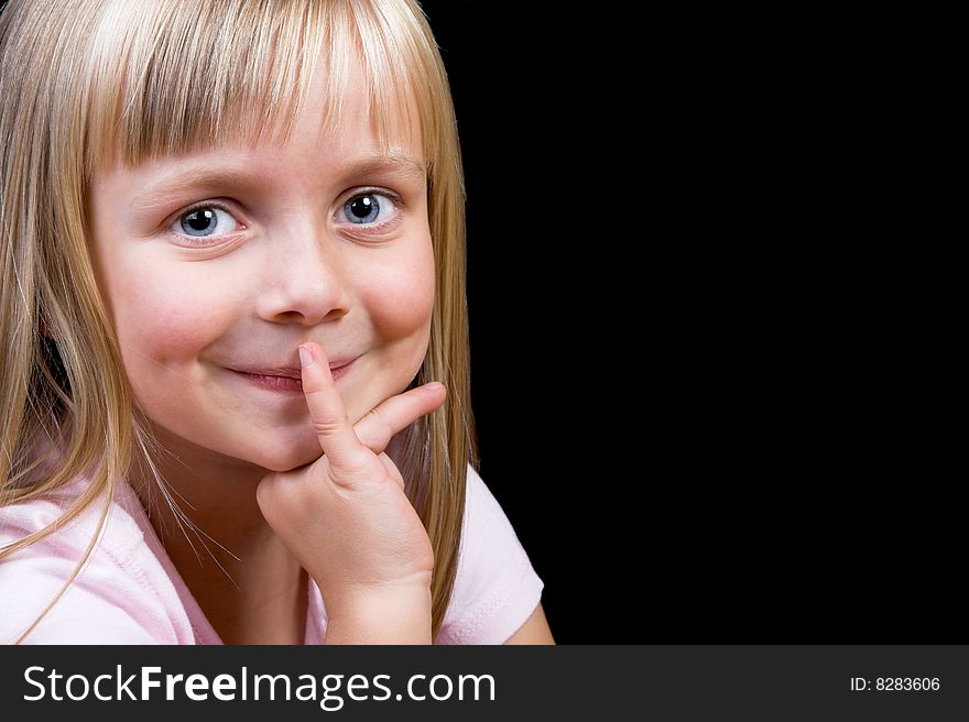 Blond Girl with big blue eyes on a black background