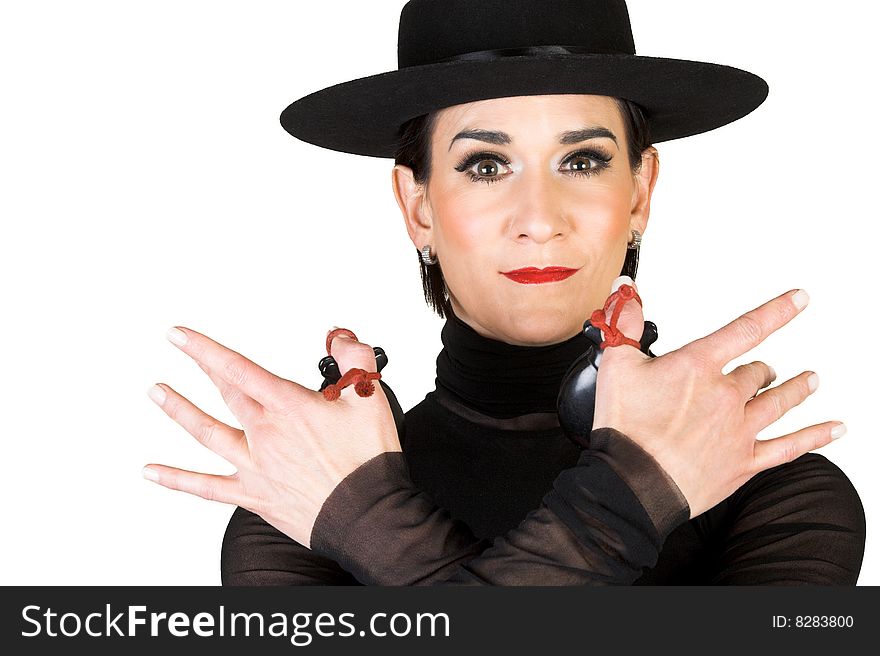 Spanish Dancer in a black costume with hat and accessories