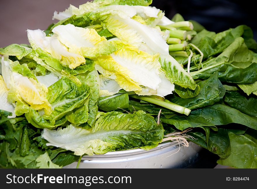 Mixed green vegetable piled in white plate