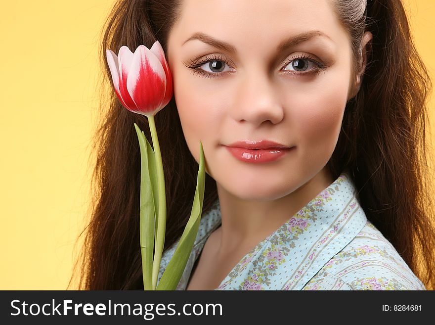 Closeup portrait of beautiful woman with flower. Closeup portrait of beautiful woman with flower