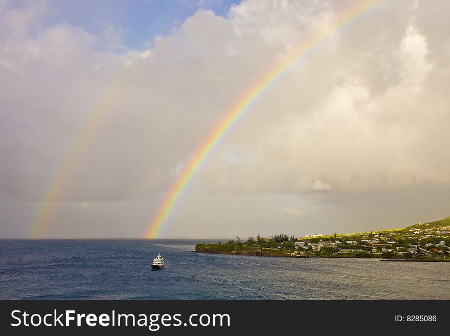 Ferry At Base Of Rainbow