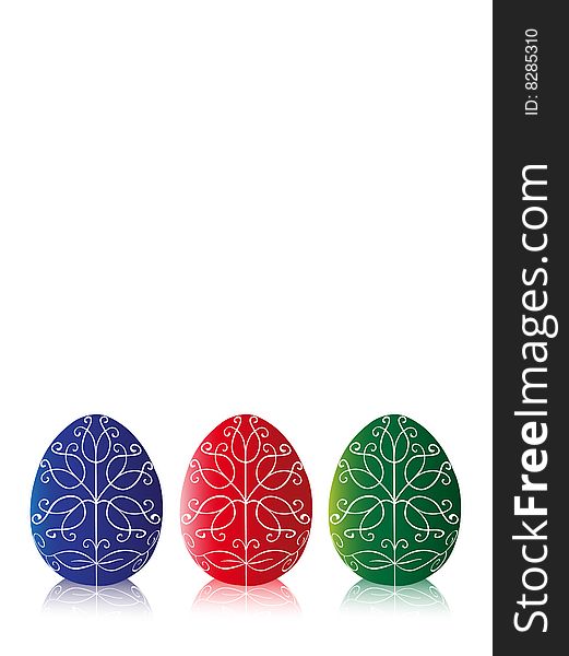 Three easter egg with reflection on white background.