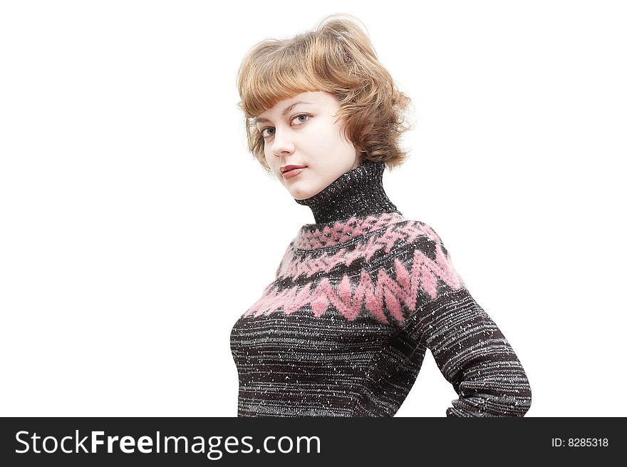 Young attractive woman in black-pink sweater
