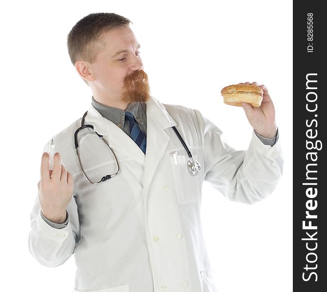 Bearded doctor looks at a hamburger in hand and prepares a syringe. Bearded doctor looks at a hamburger in hand and prepares a syringe