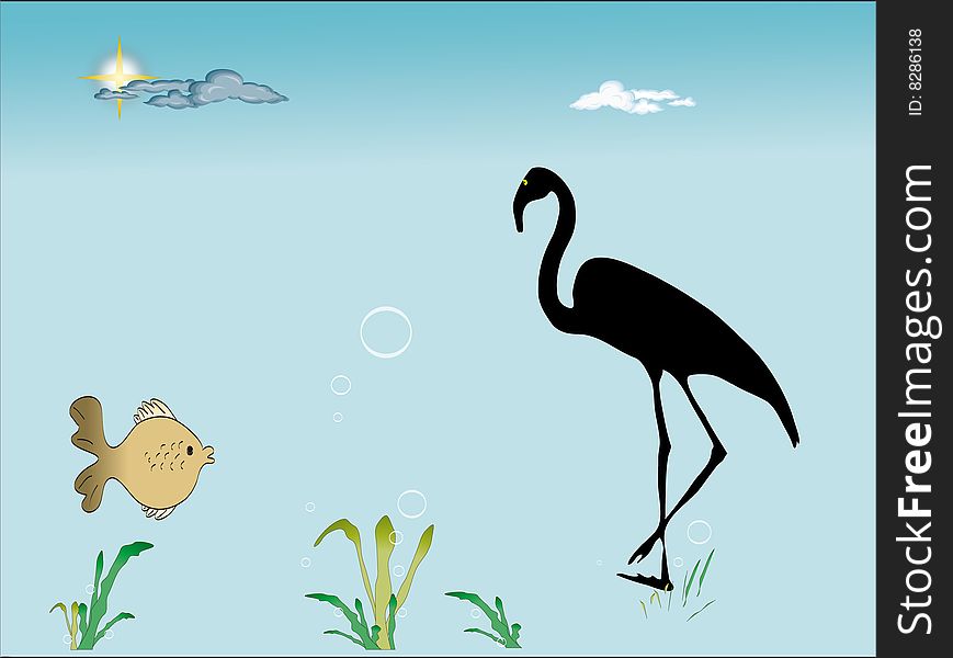 flamingo walks by ocean , tropical fish swimming around ,vector ,illustration. flamingo walks by ocean , tropical fish swimming around ,vector ,illustration