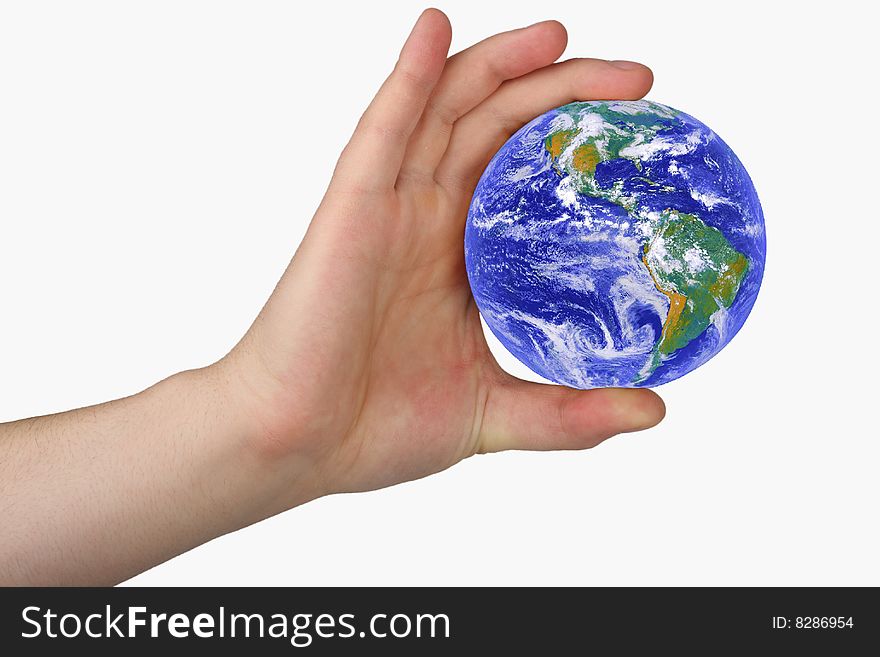 Earth in man's hand on white background