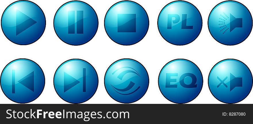 Collection of light blue buttons for music player. Collection of light blue buttons for music player