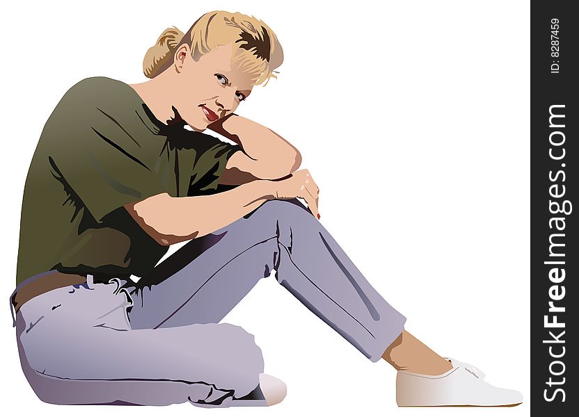 Illustration of woman sitting in jeans and T-shirt. Illustration of woman sitting in jeans and T-shirt