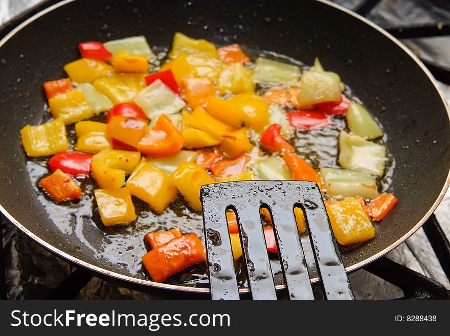 Pan with peppers ready for cooking. Pan with peppers ready for cooking