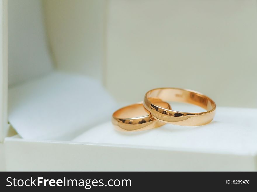 Wedding rings lie in a white box